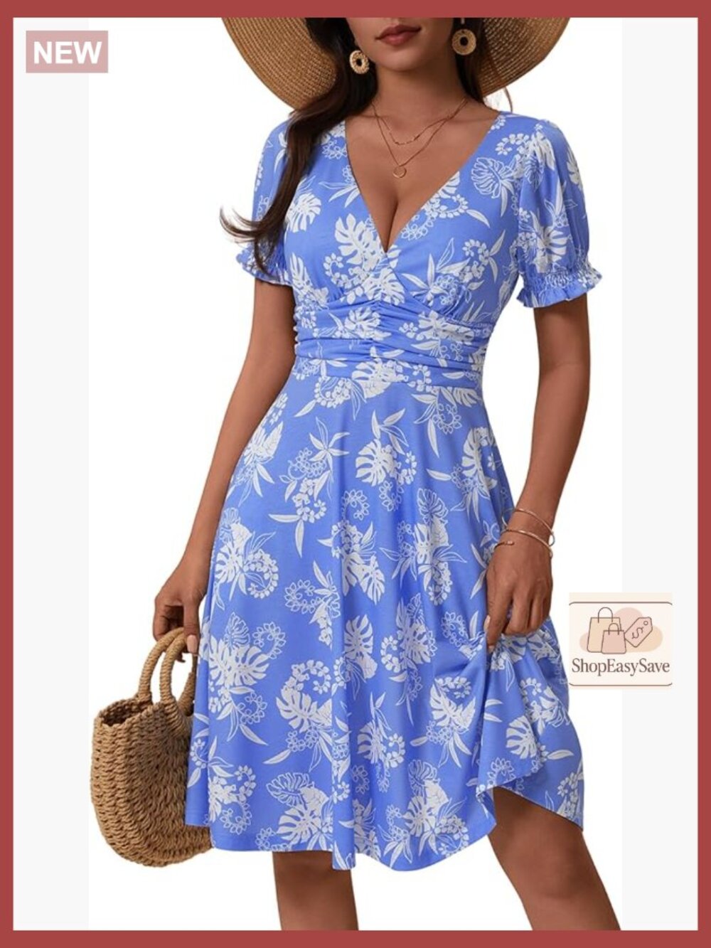 Puff Sleeve Summer Sun Dress with Pockets A-Line V-Neck Casual Chic